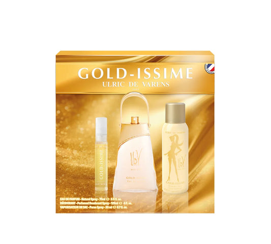 A glamorous UDV Goldissime Coffret gift set for women, presented in a luxurious gold-accented box with premium products.