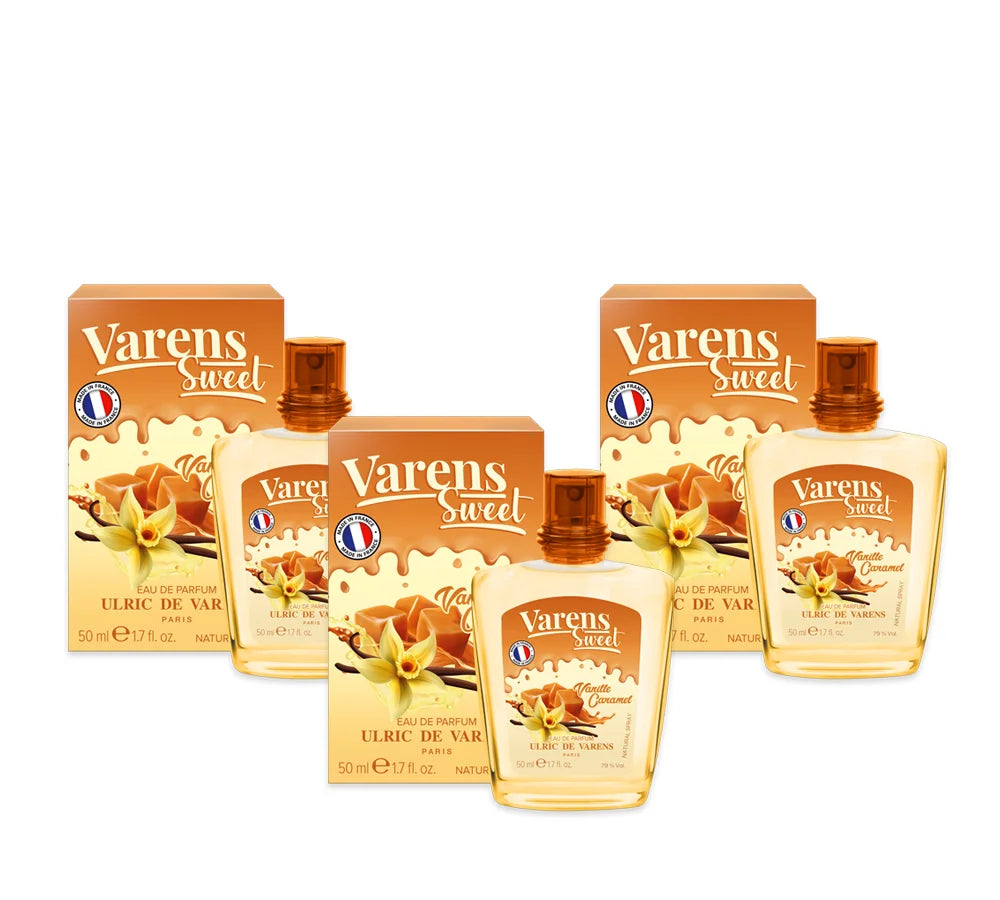 Three bottles of UDV Varens Sweet Vanilla Caramel Eau de Parfum 50ml with golden brown packaging.