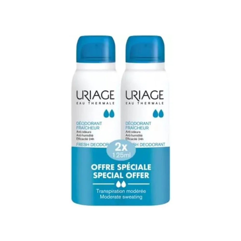 Uriage Freshness Deodorant twin pack with two 125ml sprays providing long-lasting freshness and daily protection.