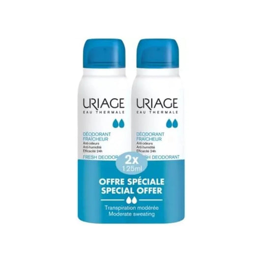 Uriage Freshness Deodorant twin pack with two 125ml sprays providing long-lasting freshness and daily protection.