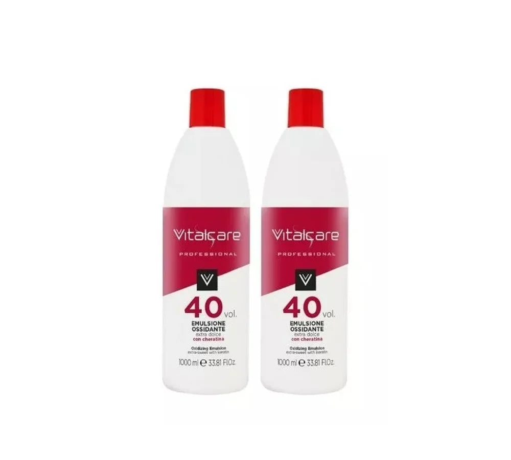Two-pack of Vitalcare 40 Volume Oxidizing Emulsion, each 1000ml, providing a high-lift formula for intense coloring results.