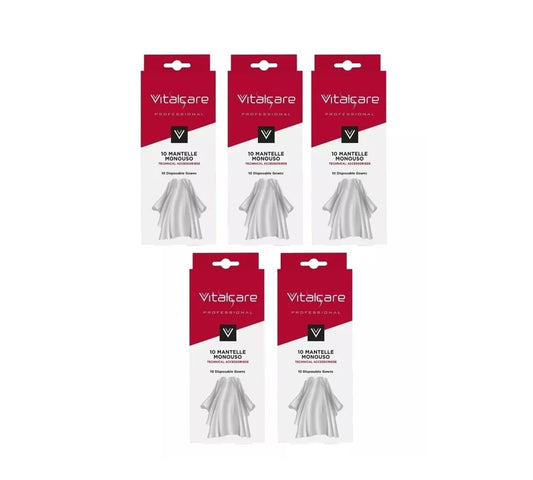 Pack of 5 sets, each with 10 disposable capes, suitable for hair coloring services, offering easy cleanup and protection.