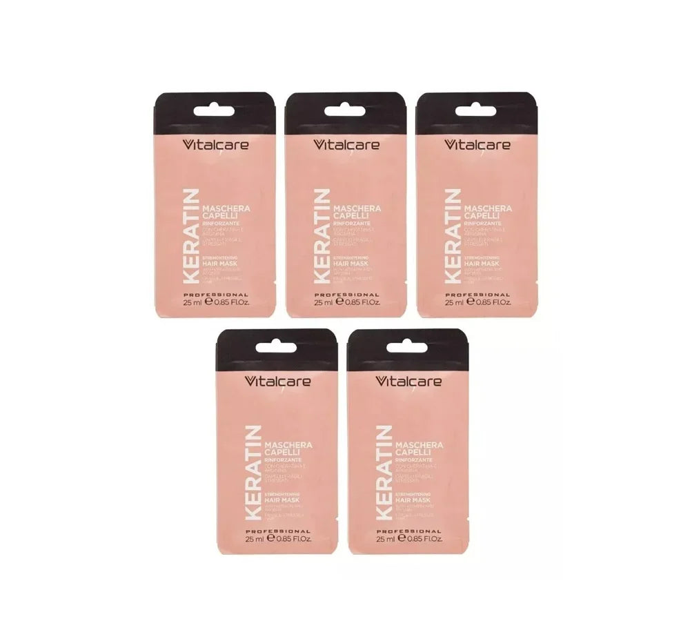 Vitalcare Keratin Strengthening Hair Mask, 25ml pack of 5, for deep conditioning.